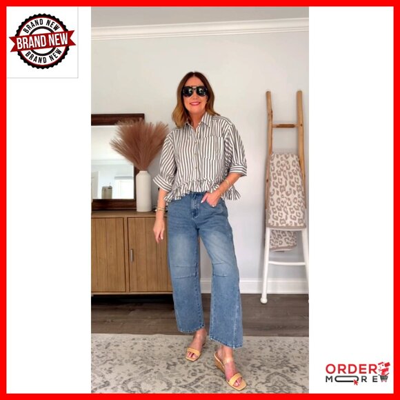 Cropped Striped Button Down Shirt with Ruffle Hem 3/4 Sleeve Blouse - Picture 7 of 7